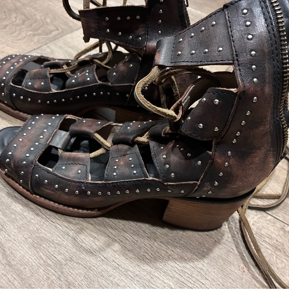 Freebird by Steven Distressed Brown Studded Lace-Up Sandals - Picture 5 of 11